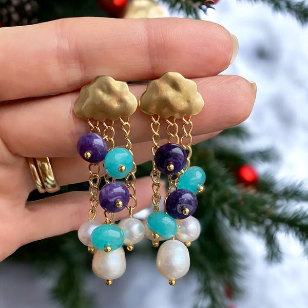 Wolken Ohrringe Hängeohrringe mit Perlen und Chalzedon Steinen natürliche Süsswasserperlen gold blau violet Ohrringe