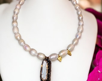 Choker Perlenchocker, Halskette mit Anhänger, Halskette aus natürlichen Perlen Süßwasserperlen Brautschmuck Halskette mit Kristallanhänger