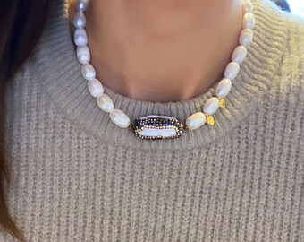 Choker Perlenchocker, Halskette mit Anhänger, Halskette aus natürlichen Perlen Süßwasserperlen Brautschmuck Halskette mit Kristallanhänger