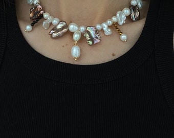 Handgemachte Perlenkette mismatched Süsswasserperlen Boho Perlenkette mit Anhänger Halskette Perlen Geschenkidee Frau Geburtstagsgeschenk