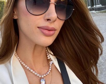 Brautschmuck Perlenkette Geburtstagsgeschenk lange halskette Brauthalskette Perlen met zilveren hangers Sieraden voor oud geld