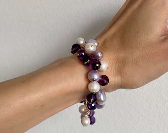 Grosses Perlenarmband für Frau Amethyst Armband aus natürlichen Perlen, Armband Süsswasserperlen, Geschenk Armband Damen Geburtstagsgeschenk