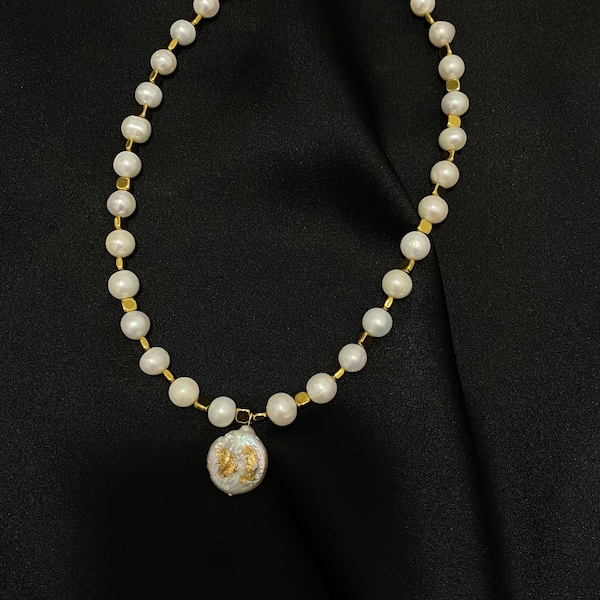 Sale Chocker Perlenkette mit Anhänger weisse Perlen vergoldete Keshi-Perle old money clean style Geburtstagsgeschenk für Frau Brautschmuck