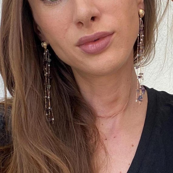 Lange Hängeohrringe vergoldet lange Ohrringe mit Natursteinen Ohrringe Boho Edelstein Dangle Earrings Gold Statement Ohrringe Damen Geschenk