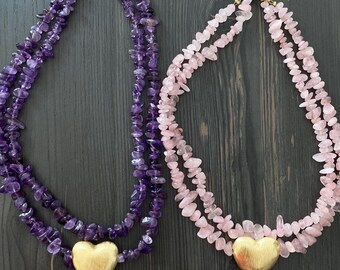 Sommer Halskette mit Herzanhänger Amethyst & Rosenquarz Statement Kette Boho Schmuck Geschenk für sie Strand Kette aus natürlichen Steinen