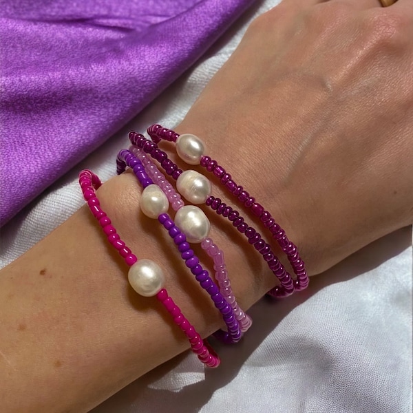 Schmuckset 5 Armbänder Set Perlenarmband Glasperlen pink Rocailles violett große weiße Süßwasserperlen Stretch Geschenke für Tochter Kind