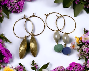 Vergoldete Creolen Ohrringe mit Natursteinen und Perlen、lange Hängeohrringe、フープ イヤリング、Geschenk für Frauen、Ohrringe mit Anhänger、