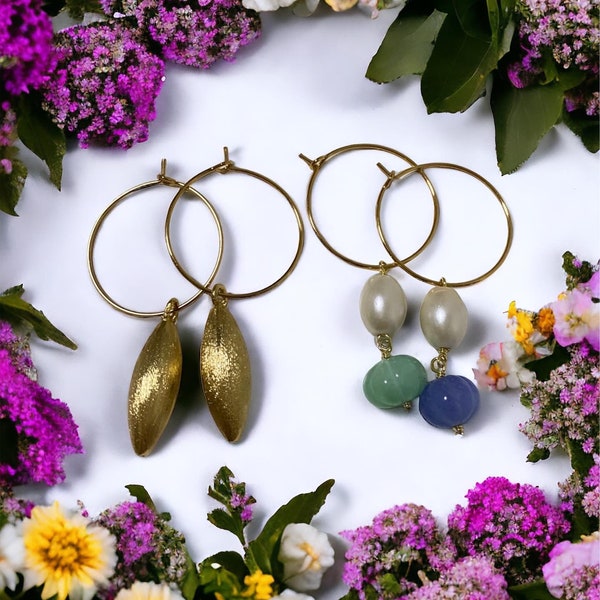 Sale hängende grosse Creolen Ohrringe vergoldet Hängeohrringe Hoop earrings Natursteine Perlen Anhänger Geschenk für Frau Frauentag