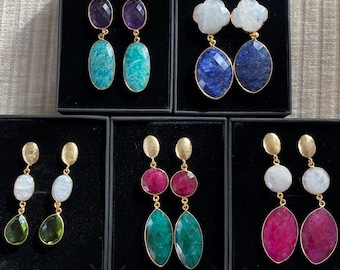 Bunte lange Hängeohrringe Edelstein Gemstone Dangle Earrings Gold Statement Ohrringe Geschenk für sie lange Ohrringe Geschenk Schmuck