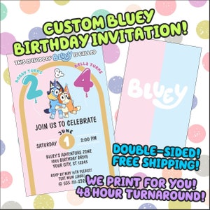 WIJ AFDRUKKEN! Blue Dog 5"x7"/4"x6" Aangepaste verjaardagsuitnodiging, GRATIS rugprint, 16pt Cardstock, Kids Birthday, Bluey Geïnspireerd Gratis FedEX Ship