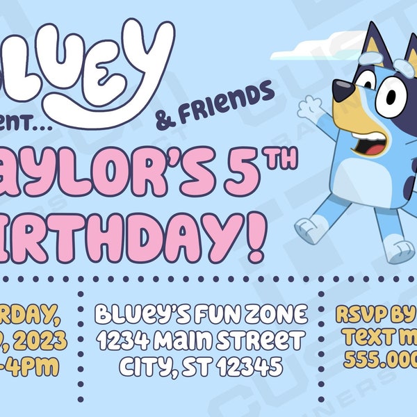 Bluey Dog  5"x7"/4"x6" Custom Birthday Invitation, WE PRINT, FREE back print, 16pt Cardstock,  Kids Birthday, Bluey Inspired Free FedEX Ship
