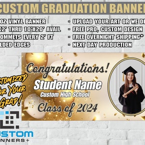 Banner de graduación de graduación, letrero de vinilo personalizado para interiores/exteriores a todo color de 13 oz con ojales, envío NOCTURNO GRATIS, Banner Senior HS College