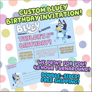 ¡IMPRIMIMOS! Invitación de cumpleaños personalizada de Blue Dog 5"x7"/4"x6", impresión posterior GRATUITA, cartulina de 16 puntos, cumpleaños para niños, barco FedEX gratuito inspirado en Bluey