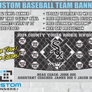 May include: Black and white baseball team banner with a white and gray baseball diamond and a white and gray baseball logo. The banner has the text "2024 County Youth Rookie Division" and the names of the players and their numbers. The banner also has the text "White Sox" and the names of the coaches.
