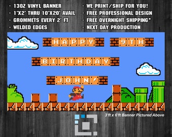We Print! Super Mario Video Game Custom 13oz FULL COLOR Indoor/Outdoor Vinyl Personalized Birthday Banner w/Grommets, Free overnight ship