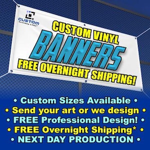 Custom 13oz FULL COLOR Indoor/Outdoor Vinyl Banner w/Grommets, Free Professional Design, Free overnight ship!! Cheap, high-quality, banners!