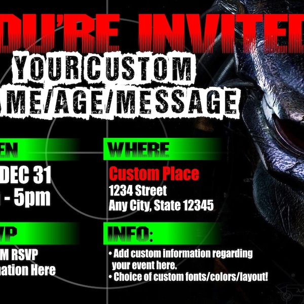 Predator 5"x7"/4"x6" Custom Birthday Invitation, FREE Double Sided Print, 16pt Cardstock, WE PRINT, Boys Birthday Invite, Free FedEX Ship