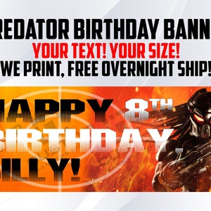 Banner de vinilo interior/exterior de cumpleaños PREDATOR A TODO COLOR con ojales, personalización gratuita, envío nocturno gratuito. ¡Banners baratos y de alta calidad!