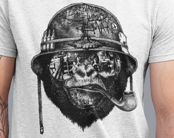 Gorilla Men's Graphic TShirt, Beware the imposter of man Tee, Gorilla Inspired Design, Army Animal Print, Funny Husband Gift, Cool Ape Shirt