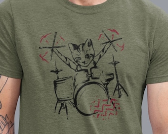 Cute Cat Playing Drums Men T-Shirt Gift, Drummer Shirt Animal Lover Gift Drumming Shirt, Drummer Tee Drum Shirts, Music Gifts Mens Tshirt