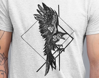 Graphic Crow Tee, ODIN RAVEN VIKING shirt, Animal Print TShirt Mens Unisex Tee, Vikings T-Shirt, Valhalla Tee, Norse Mythology Gift