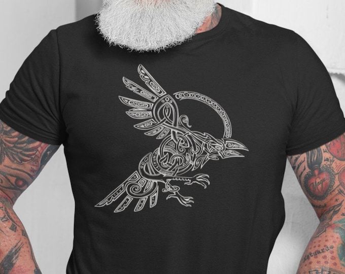 Graphic Viking Crow Tee, ODIN RAVEN VIKING shirt, Animal Print TShirt Mens Unisex Tee, Vikings T-Shirt, Valhalla Tee, Norse Mythology Gift