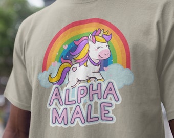 Camiseta unisex divertida con unicornio y arcoíris de macho alfa irónico, camiseta de lona Bella, camiseta divertida, camiseta gráfica divertida, camiseta ofensiva, camiseta extraña