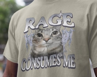 Camiseta "Rage Consumes Me Cat", divertida camiseta con meme de gatos, camiseta vintage con gato desquiciado, camiseta con gráfico de gato tonto, camiseta unisex con humor extraño