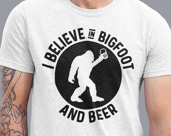 Bigfoot Beer Shirt, Cool Sasquatch Drinking Beer Tshirt, Yeti Graphic Novelty Shirts, Beer Lover Gift, Belive Bigfoot Graphic Tee