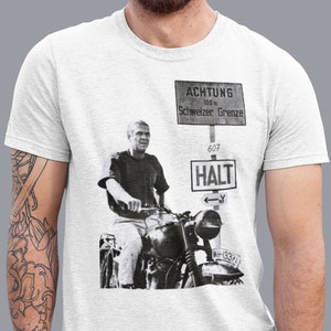 La grande chemise d'évasion, t-shirt Steve McQueen, chemises imprimées de moto de course vintage, chemise de motard