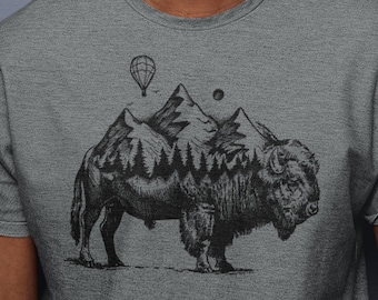 Mens Buffalo T-Shirt - Buffalo Mountain Forest Design - Bison TShirt - Wyoming Gifts for Men - Groomsmen Tee