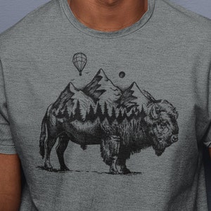 Mens Buffalo T-Shirt - Buffalo Mountain Forest Design - Bison TShirt - Wyoming Gifts for Men - Groomsmen Tee