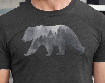 Nature Bear T Shirt Men, Double Exposure Bear, Papa Bear Shirt, Nature TShirt, Mens Graphic Tee, Screen Print Unisex T-Shirt, Boyfriend Gift