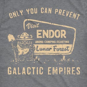 Puede incluir: Camiseta gris con un diseño gráfico de estilo vintage. El diseño incluye el texto "ONLY YOU CAN PREVENT" encima de un letrero "Visit ENDOR" con "Lunar Forest" y "GALACTIC EMPIRES" debajo. También se incluye un personaje de dibujos animados.