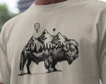 Mens Buffalo T-Shirt - Buffalo Mountain Forest Design - Bison TShirt - Wyoming Gifts for Men - Groomsmen Gifts