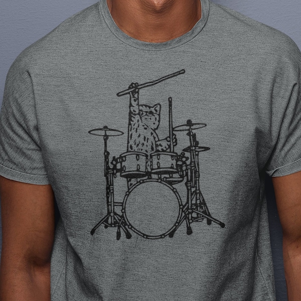 Cute Cat Playing Drums Men T-Shirt Gift, Drummer Shirt Animal Lover Gift Drumming Shirt, Drummer Tee Drum Shirts, Music Gifts Mens Tshirt