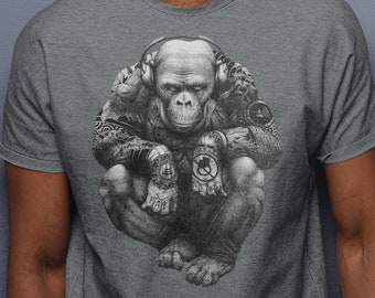 Hip Hop Monkey Tee, Music Gorilla Men's Graphic TShirt, Music Rock n Roll Tee Funny Husband Gift, Cool Ape Shirt,  headphone animal Tshirt