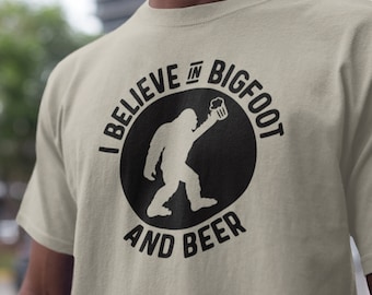 Bigfoot Beer Shirt, Cool Sasquatch Drinking Beer Tshirt, Yeti Graphic Novelty Shirts, Beer Lover Gift, Belive Bigfoot Graphic Tee