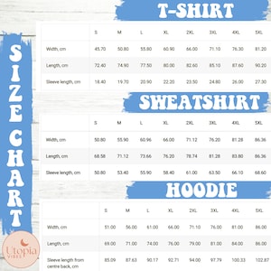 Puede incluir: Tabla de tallas para camisetas, sudaderas y sudaderas con capucha. Mide en cent&iacute;metros ancho, largo y largo de manga, de la talla S a la 5XL. El logotipo de Utopia Vibes est&aacute; en la esquina inferior izquierda.