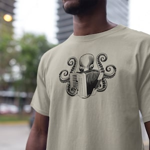 T-shirt Octopus Playing Accordion - Gildan, Unisexe, Coton, Neuf Avec étiquettes