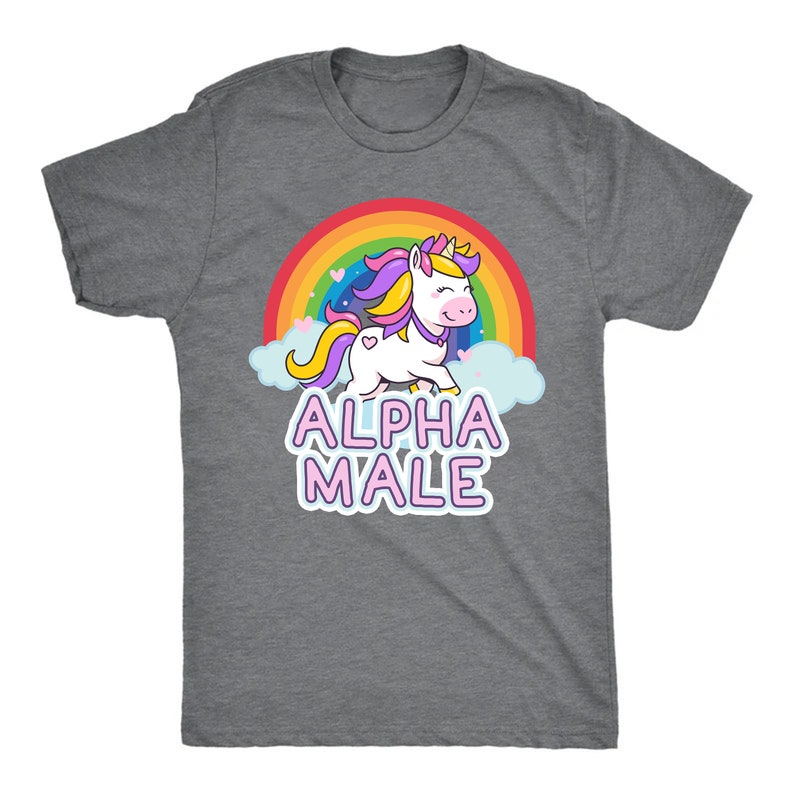 May include: A heather gray t-shirt featuring a cartoon unicorn with a rainbow and the text "ALPHA MALE" in pink. The unicorn has a pink nose, yellow horn, and purple and yellow mane. The shirt is a crew neck.