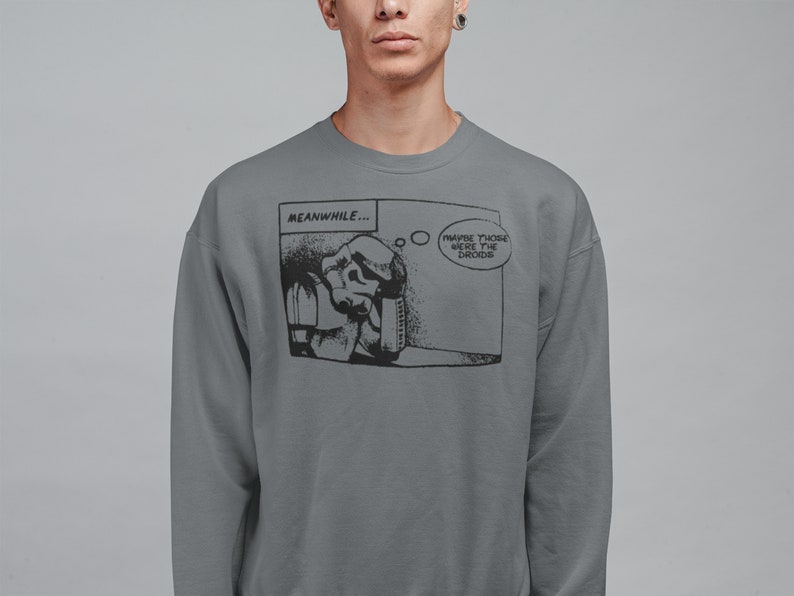 May include: A gray sweatshirt with a black and white comic strip graphic featuring a Star Wars character and the text "MEANWHILE... MAYBE THOSE WERE THE Droids".