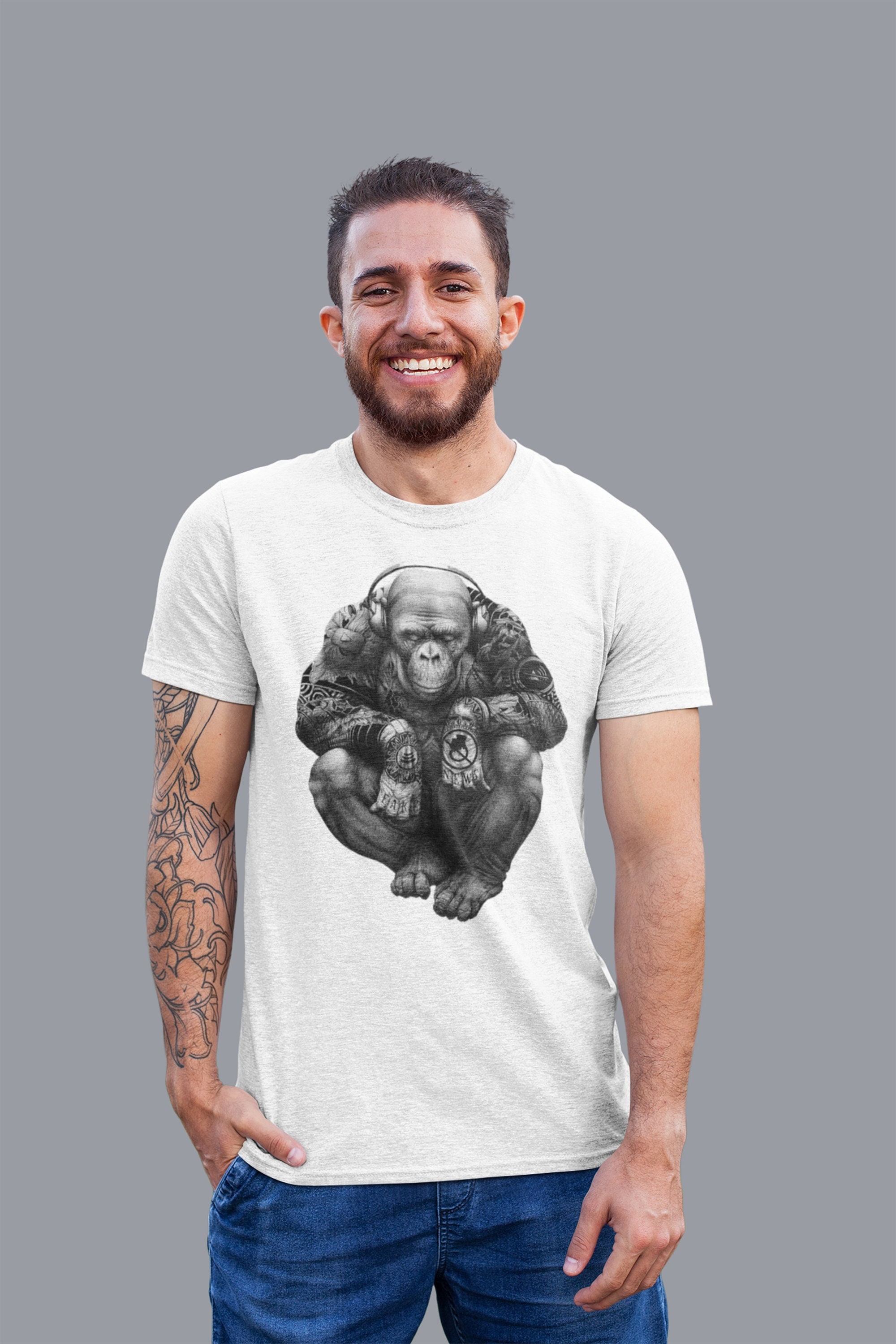 Cool Monkey Tee, Music Gorilla Men's Graphic TShirt, Army Animal Print, Funny Husband Gift, Cool Ape Shirt, Wifi headphone animal Tshirt