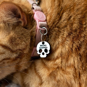 Mini placa de identificación con microchip de calavera para mascota, collar de identificación para perro y gato con microchip, placa de ayuda &quot;Me he perdido&quot; para mascotas, miniplaca para mascota