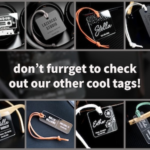 May include: A collage of eight different acrylic luggage tags with various designs and text. The tags are attached to different objects, such as headphones, sunglasses, and a guitar. The text on the tags includes names, addresses, and phone numbers. The text "don't furrget to check out our other cool tags!" is displayed in the center of the collage.