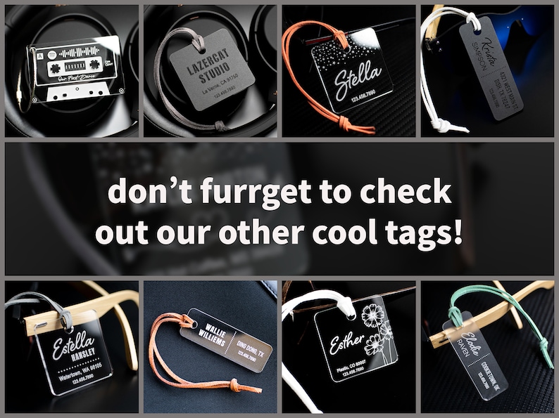 May include: A collage of eight different acrylic luggage tags with various designs and text. The tags are attached to different objects, such as headphones, sunglasses, and a guitar. The text on the tags includes names, addresses, and phone numbers. The text "don't furrget to check out our other cool tags!" is displayed in the center of the collage.