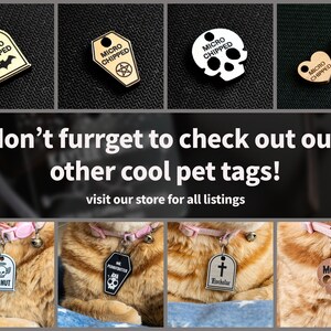 K&ouml;nnte beinhalten: Vier verschiedene Haustier-ID-Tags mit dem Text "Micro Chipped" darauf. Die Tags haben die Form einer Fledermaus, eines Sarges mit einem Pentagramm, eines Sch&auml;dels und eines Herzens. Die Tags werden auf schwarzem Hintergrund gezeigt. Der Text "don't furrget to check out our other cool pet tags! visit our store for all listings" wird unter den Tags angezeigt. Vier Katzen sind zu sehen, die verschiedene Haustier-ID-Tags tragen. Die Tags haben die Form eines Sch&auml;dels mit Fl&uuml;geln, eines Sarges mit einem Sch&auml;del, eines Kreuzes und eines Sch&auml;dels. Die Katzen sind alle orange und wei&szlig;.