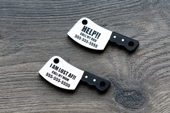 I Am Lost Microchipped Pet Cat Dog Collar ID Name Tag, Butcher Knife, Dog Cat Collar Charm Pet Alert Tag, Personalized Dog Cat Name Tag Cute