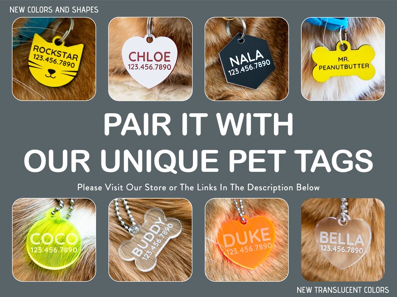 K&ouml;nnte beinhalten: Eine Collage aus acht verschiedenen Haustier-ID-Tags in verschiedenen Formen und Farben. Die Tags zeigen verschiedene Namen und Telefonnummern. Der Text "NEW COLORS AND SHAPES" erscheint oben im Bild. Der Text "PAIR IT WITH OUR UNIQUE PET TAGS" erscheint in der Mitte des Bildes. Der Text "Please Visit Our Store or The Links In The Description Below" erscheint unter dem Text "PAIR IT WITH OUR UNIQUE PET TAGS". Der Text "NEW TRANSLUCENT COLORS" erscheint unten im Bild.