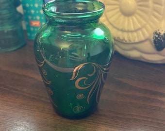 Small Green Vase with Gold Pattern